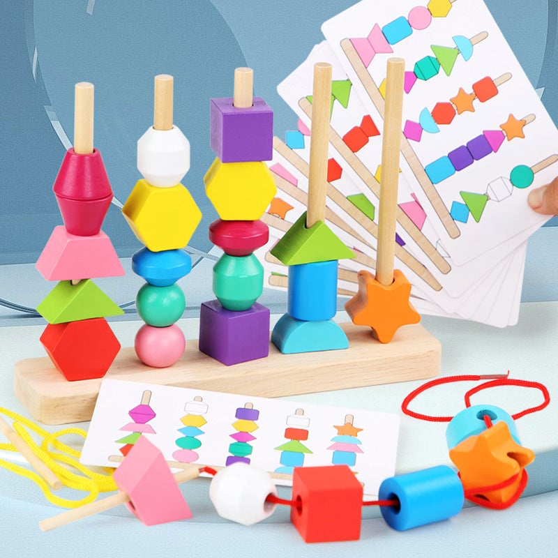 Wooden Geometric Shape Cognitive Matching Block Children'S Montessori Beaded Rope Five Sets Of Column Puzzle Play - Image 2